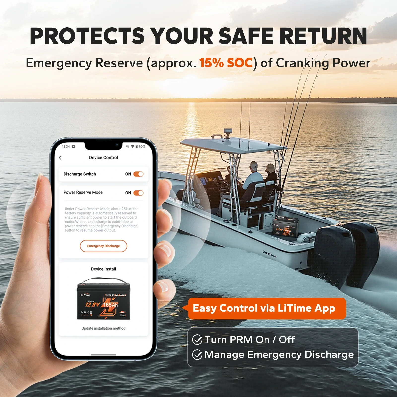 LiTime 12V 165Ah 1200 CCA Dual Purpose Marine Lithium Battery | Bluetooth & Auto Heating - Image 5