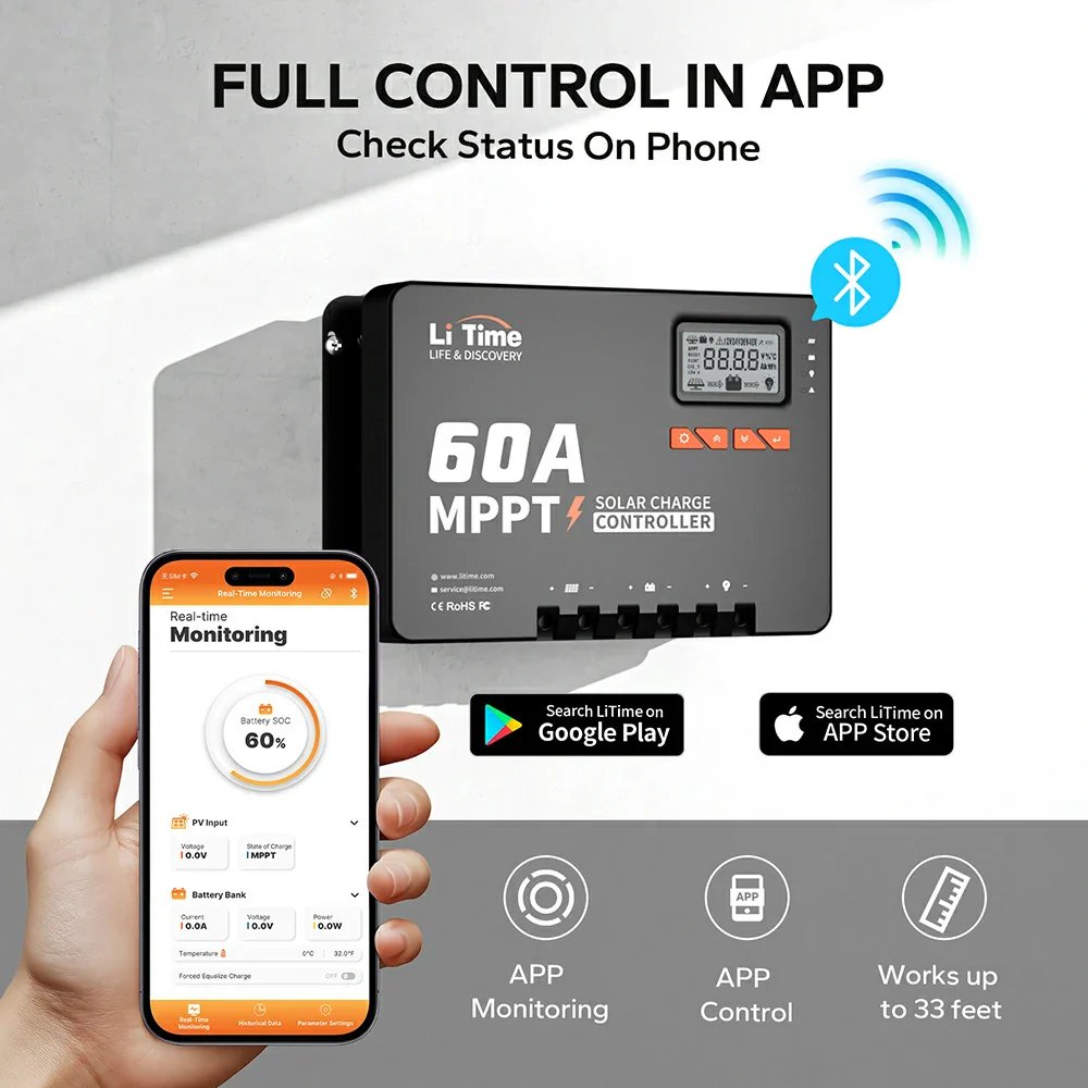 60A MPPT 12V/24V/36V/48V Bluetooth Solar Charge Controller - Image 3